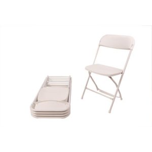 White plastic folding chairs, one standing, the rest folded down on top of each other