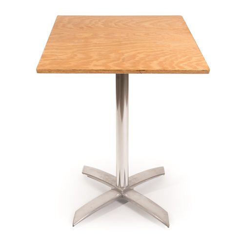 Cafe square pedestal table with plywood top and chrome base