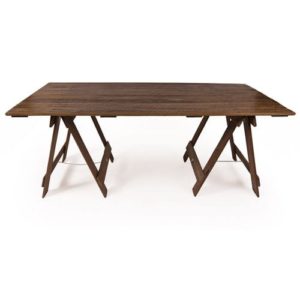 Dark stain varnished timber trestle table with dark stain legs