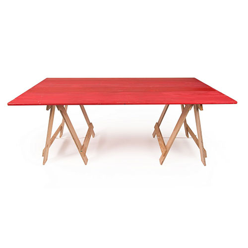 red timber trestle table for hire with raw plywood trestle legs