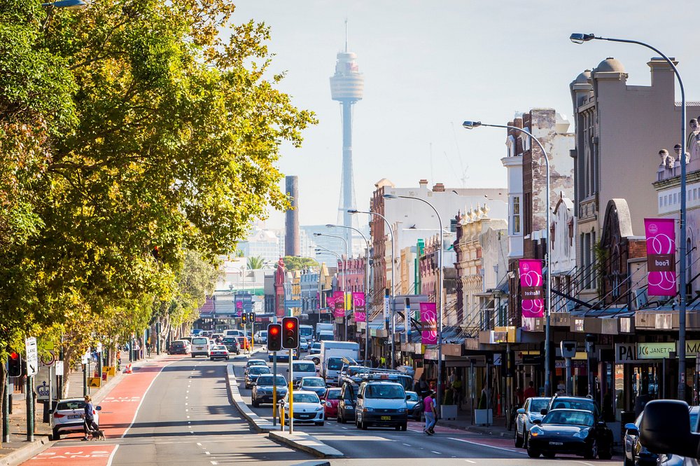 View of Oxford St, Sydney with Sydney Tower in view in the background