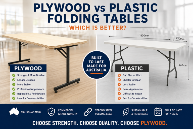 A comparison of a plywood folding table and a plastic folding table